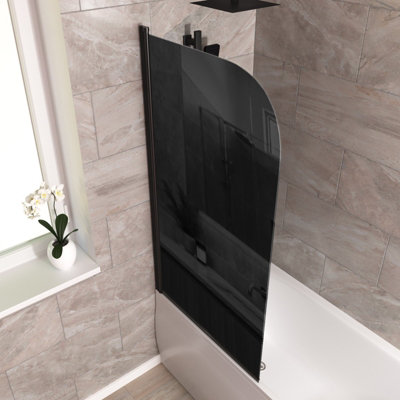 800 Curved Bath Screen Matt Black Profile Black Tinted Glass Reversible Denver