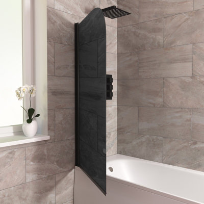 800 Curved Bath Screen Matt Black Profile Black Tinted Glass Reversible Denver - 3
