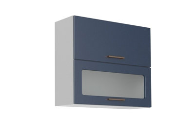 800 Kitchen Wall Glass Display Unit 80cm Cabinet Navy Dark Blue Lift-Up Nora