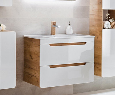 800 Vanity Unit Sink Wall Cabinet with Basin & Compact Drawers White Gloss Oak Arub