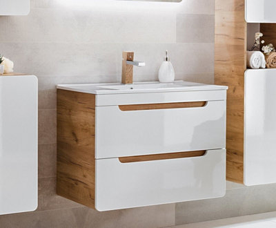 800 Vanity Unit Sink Wall Cabinet with Basin & Compact Drawers White ...