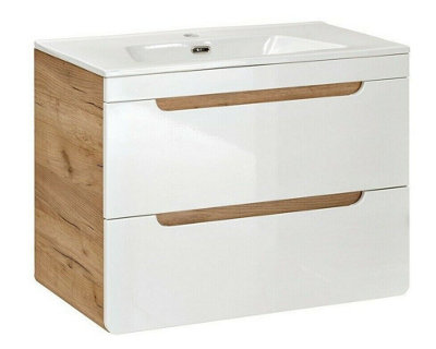 800 Vanity Unit Sink Wall Cabinet with Basin & Compact Drawers White Gloss Oak Arub