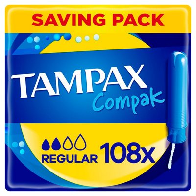 Tampax Compak Regular Tampons With Applicator108 Tampons (18 X 6 Packs)Leak Protection And DiscretionSuper Absorbent from B&Q