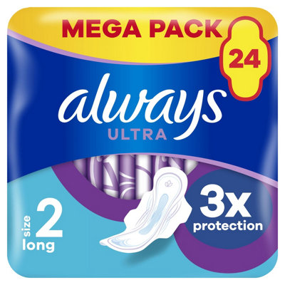 Always Ultra Sanitary Towels Long (Size 2) Wings X 24 PadsSuper Absorbent And Ultra ThinFor Menstrual Periods from B&Q