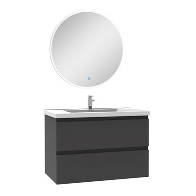 800mm Bathroom Set Grey Vanity Unit with Basin 2 Drawers and Round Bathroom Mirror with