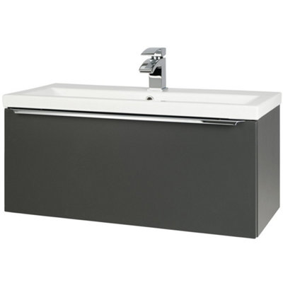 800mm Bathroom Matt Dark Grey Wall Mounted Vanity Unit and Basin (Central) - Brassware Not Included