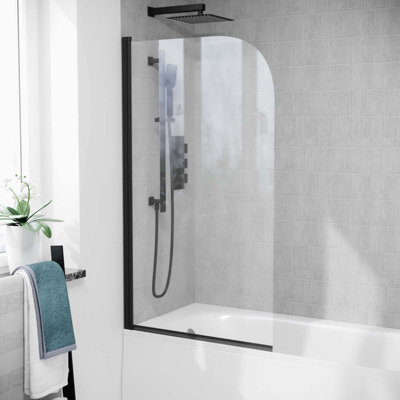 800mm Curved Bath Screen Matt Black Profile Clear Glass Reversible Denver