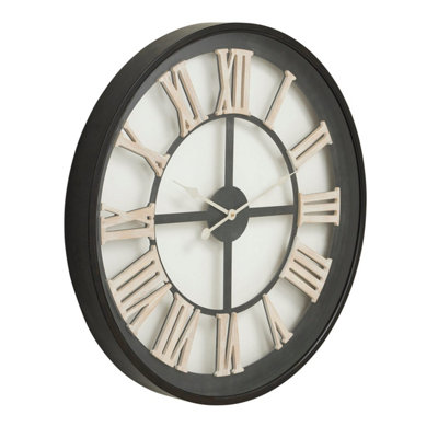 800mm Industrial Wall Clock Black Metal Open Frame White Roman Numerals