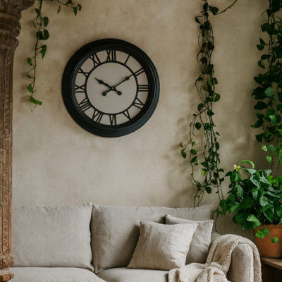 800mm Industrial Wall Clock Black Metal Open Frame White Roman Numerals