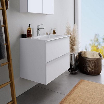 800mm LED Drawers Minimalist 2 Drawer Wall Hung Bathroom Vanity Basin Unit (Fully Assembled) - Lucente Gloss White