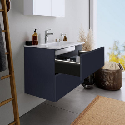 800mm LED Drawers Minimalist 2 Drawer Wall Hung Bathroom Vanity Basin Unit (Fully Assembled) - Lucente Matt Indigo Price Comparisons | Compare The Build
