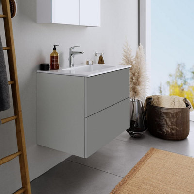 800mm LED Drawers Minimalist 2 Drawer Wall Hung Bathroom Vanity Basin Unit (Fully Assembled) - Vivo Gloss Dust Grey