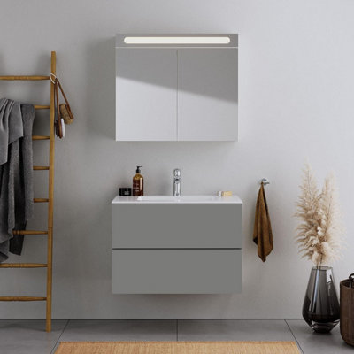 800mm LED Drawers Minimalist 2 Drawer Wall Hung Bathroom Vanity Basin Unit (Fully Assembled) - Vivo Gloss Dust Grey