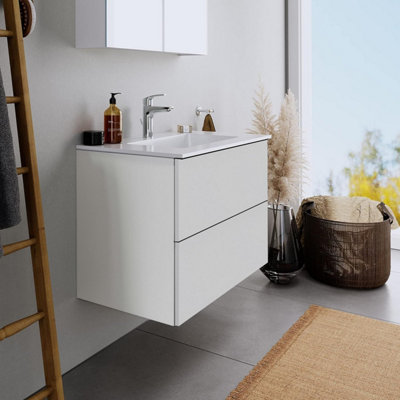 800mm LED Drawers Minimalist 2 Drawer Wall Hung Bathroom Vanity Basin Unit (Fully Assembled) - Vivo Gloss Light Grey