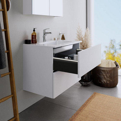 800mm LED Drawers Minimalist 2 Drawer Wall Hung Bathroom Vanity Basin Unit (Fully Assembled) - Vivo Gloss White Price Comparisons | Compare The Build