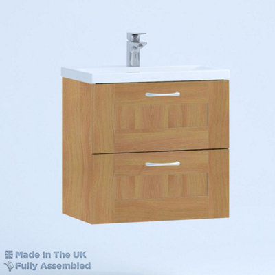 800mm Mid Edge 2 Drawer Wall Hung Bathroom Vanity Basin Unit (Fully Assembled) - Cambridge Solid Wood Natural Oak