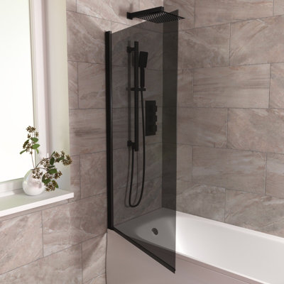 800mm Square Bath Screen Black Profile Tinted Black Glass Reversible  Kai