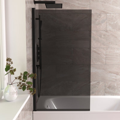 800mm Square Bath Screen Black Profile Tinted Black Glass Reversible  Kai - 3