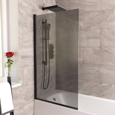 800mm Square Bath Screen Matt Black Profile Grey Tinted Glass Reversible  Sky
