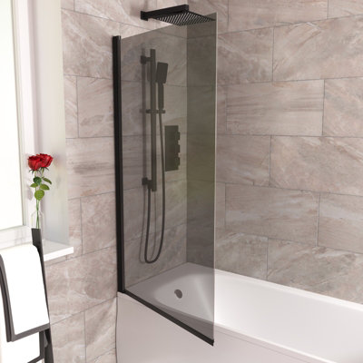 800mm Square Bath Screen Matt Black Profile Grey Tinted Glass Reversible  Sky
