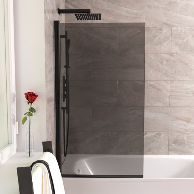 800mm Square Bath Screen Matt Black Profile Grey Tinted Glass Reversible  Sky - 3