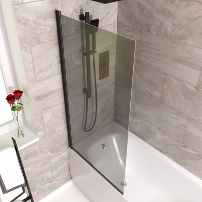 800mm Square Bath Screen Matt Black Profile Grey Tinted Glass Reversible  Sky - 4