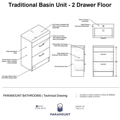 800mm Traditional 2 Drawer Floor Standing Bathroom Vanity Basin Unit (Fully Assembled) - Cartmel Woodgrain Cashmere