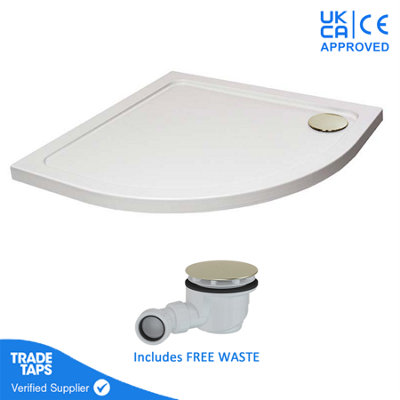 800mm White Quadrant 45mm Low Profile Shower Tray with Brushed Brass Waste