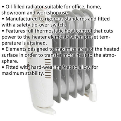 800W 6 Element Mini Oil-Filled Radiator - Thermostat Control - Auto Shut Off