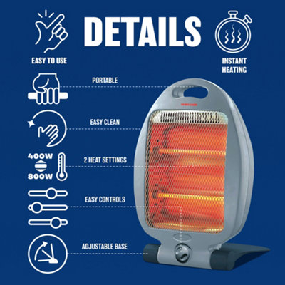 800W Halogen Heater Instant Heat Winter Warm Oscillating 2 Bars For Winter Home, Office, Living Room, Caravan, Garages Handle