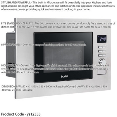 800W Integrated Microwave Oven - 20L Wall Mounted Stainless Steel 595x325x390mm