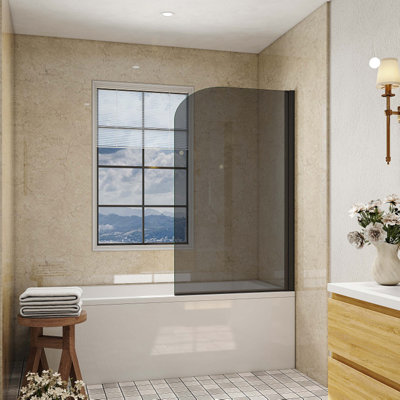 800x1400mm Pivot Matt Black Frame Dark Grey Bath Shower Screen Tempered ...