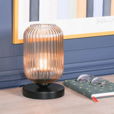 Fluted Smoked Glass Table Lamp With Black Metal Base