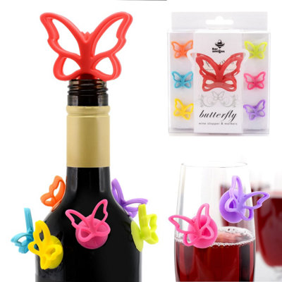 Bar Amigos Butterfly Wine Champagne Bottle Stopper & Glass Markers Set from B&Q