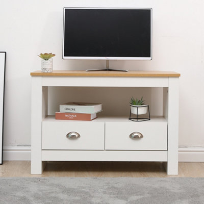 Furniturehmd Corner Tv Stand Unit Two Drawers Television Cabinet With Open Shelf White And Oak from B&Q