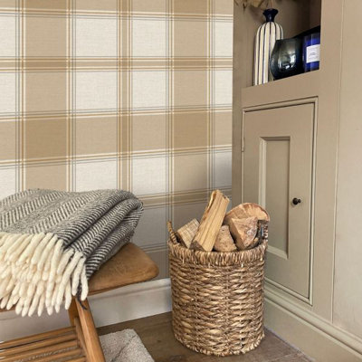 Carmella Check Textured Heavyweight Vinyl Wallpaper Sand Belgravia 7158 from B&Q