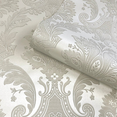 Belgravia Amara Damask Heavyweight Textured Vinyl Wallpaper Natural 7369 from B&Q