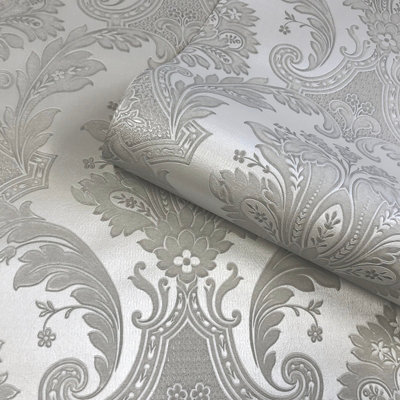 Belgravia Amara Damask Heavyweight Textured Vinyl Wallpaper Silver 7370 from B&Q
