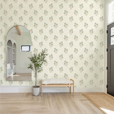 Belgravia Décor Carlotta Wallpaper - Embossed Woodblock Motif - Green/Cream - Image 3