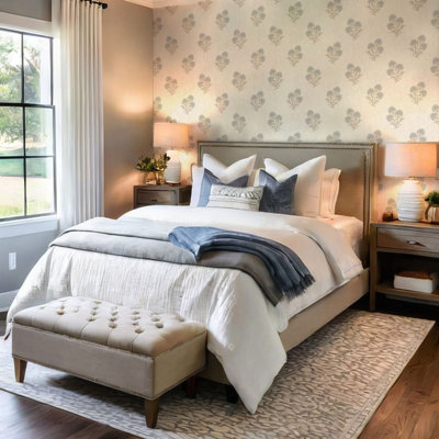 Belgravia Decor Carlotta Woodblock Motif Wallpaper - Blue/Cream - Image 3