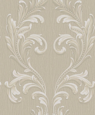 Belgravia Tiffany Scroll Heavyweight Textured Vinyl Wallpaper Beige 41323 from B&Q
