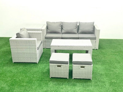 B&Q -  Rattan Garden Furniture Set Outdoor Lounger Sofa Coffee Table 2 Small Stools Light Grey 6 Seater