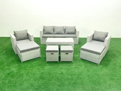Fimous Rattan Garden Furniture Set Outdoor Lounger Sofa Coffee Table 4 Stools 9 Seater Light/Grey