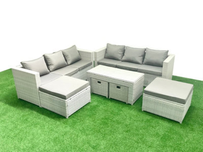 Fimous Rattan Garden Furniture Set Outdoor Lounger Sofa Coffee Table 4 Stools 10 Seater Light/Grey