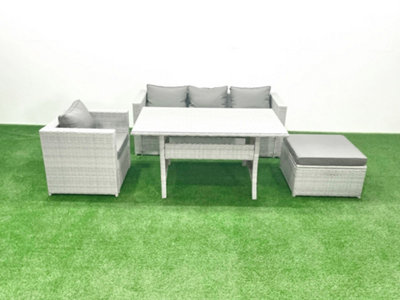 Fimous Garden Dining Set Outdoor Rattan Furniture Set Sofa Dining Table Big Stool Light/Grey