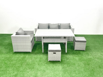 B&Q -  Garden Dining Set Outdoor Rattan Furniture Set Sofa Dining Table Small Stools Light Grey