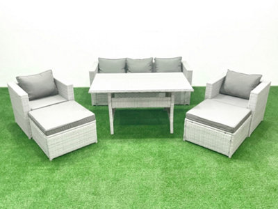 Fimous Garden Dining Set Outdoor Rattan Furniture Set Sofa Dining Table 2 Chairs 2 Big Stools Light/Grey