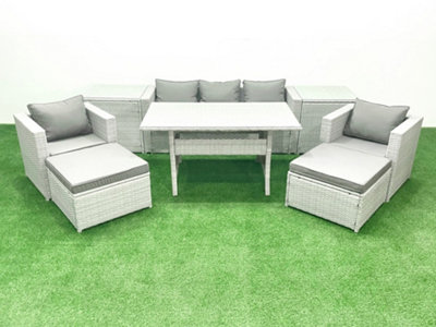 B&Q -  Garden Dining Set Outdoor Rattan Furniture Set Sofa Dining Table 2 Chairs 2 Big Stools 2 Side Tables Light Grey