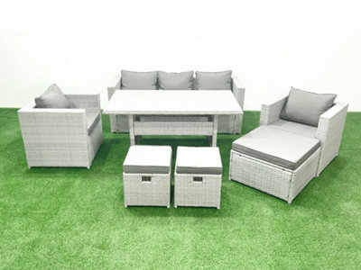 Fimous Garden Dining Set Outdoor Rattan Furniture Set Sofa Dining Table 2 Chairs 3 Stools Light/Grey