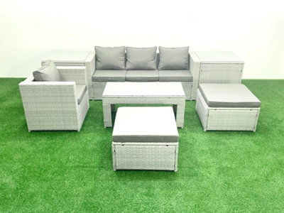 Fimous Outdoor Rattan Garden Furniture Set Cushions 6 Seater 2 Big Stools And Coffee Table,2 Side Table Grey